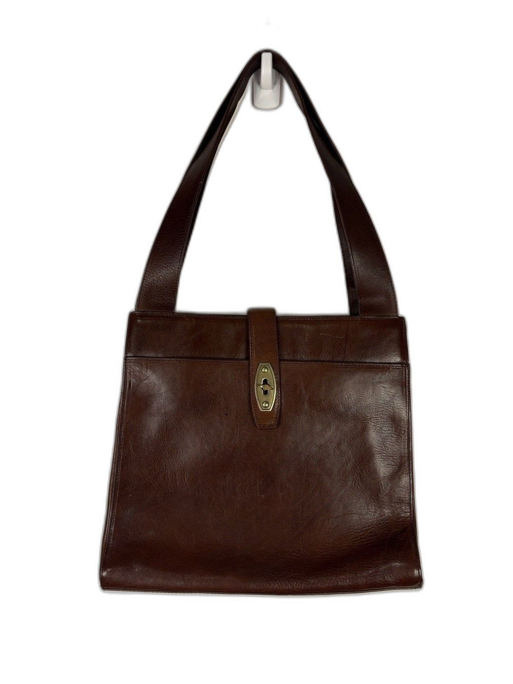 Vintage Fossil Brown Leather Shoulder Bag Tote Turn Key Clasp Large Structured